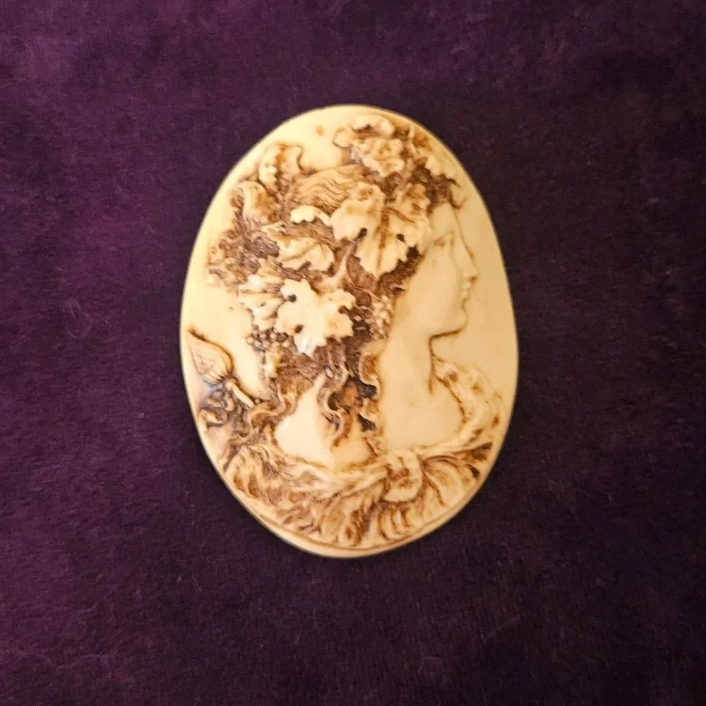 Vintage Cameo Brooch pin featuring intricate woodland fairy mythological details